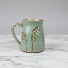 Handmade light green Carved Leaf Mug with painted wheat stalks