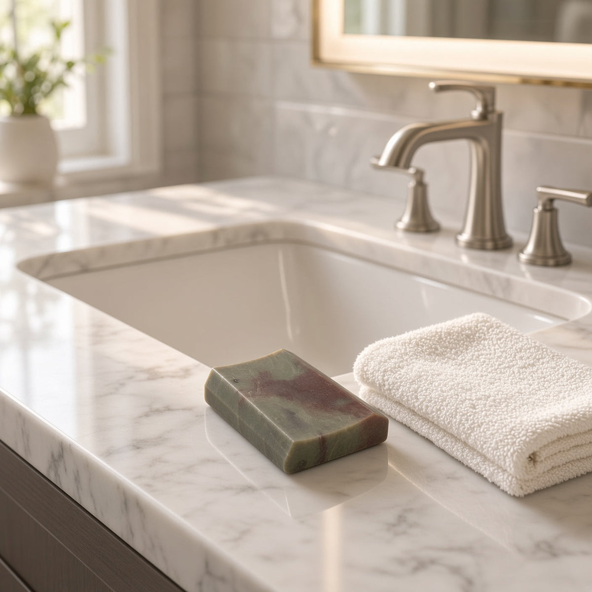 A soapstone rectangle concave soap dish holds a handmade marble soap bar with marbled green and brown patterns on a marble counter
