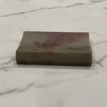 Carved soapstone rectangle concave soap dish with polished greenish brown hues and subtle reddish patches perfect as a tile soap dish