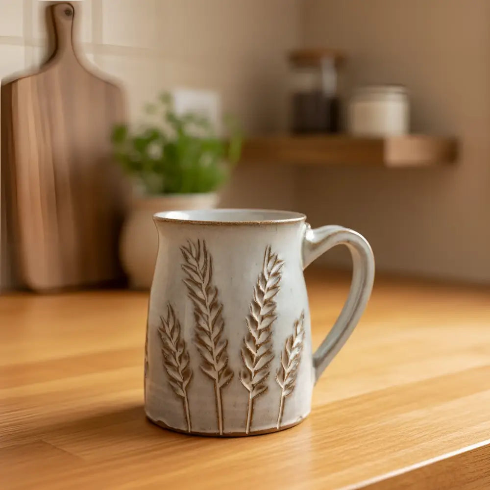 Carved wheat handmade pottery mug with matte off-white glaze
