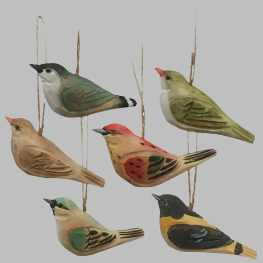 Carved Wood Bird Ornaments - Set of 6 - Figurine