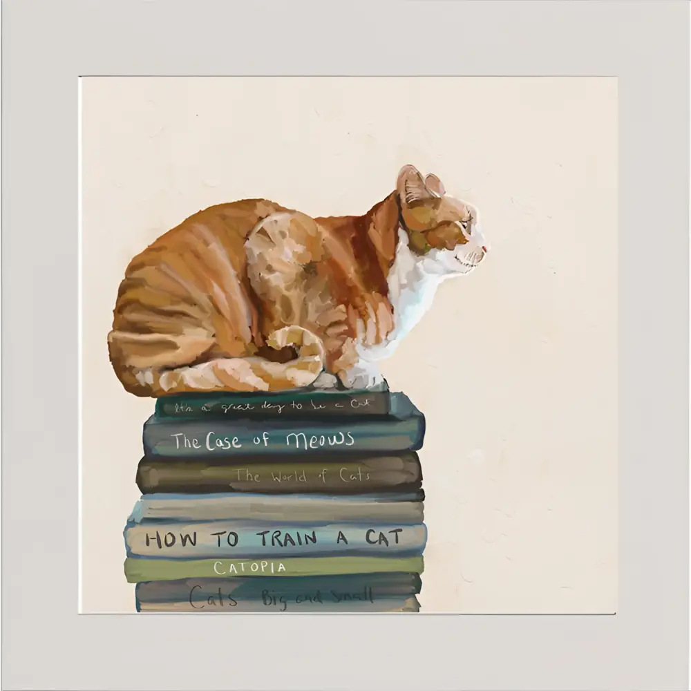 Handmade watercolor of ginger cat on books by Cathy Walters Happy Squares
