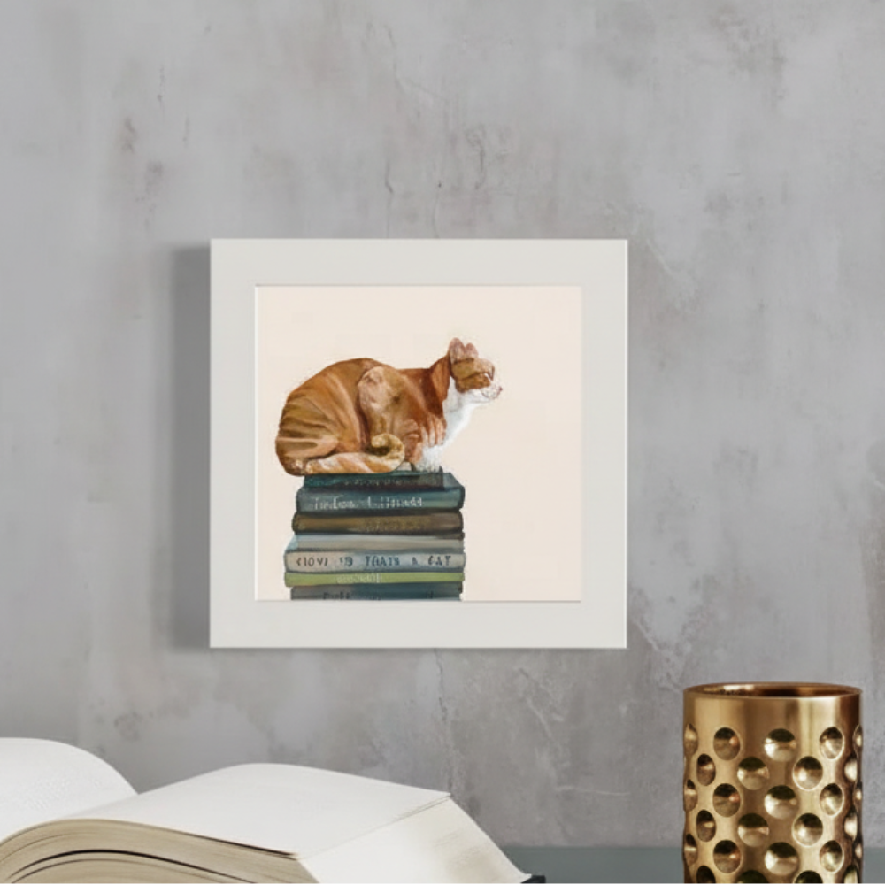 Handmade Cathy Walters Happy Squares ginger cat on books painting