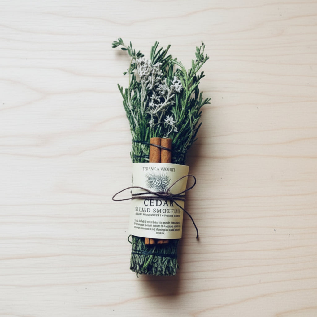 Four handmade cedar smudge sticks with sage, tied in twine from Tepanga Winds