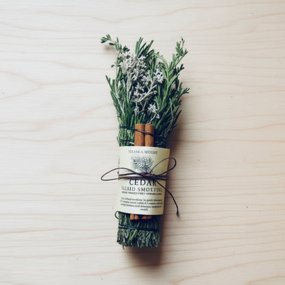 Four handmade cedar smudge sticks with sage, tied in twine from Tepanga Winds
