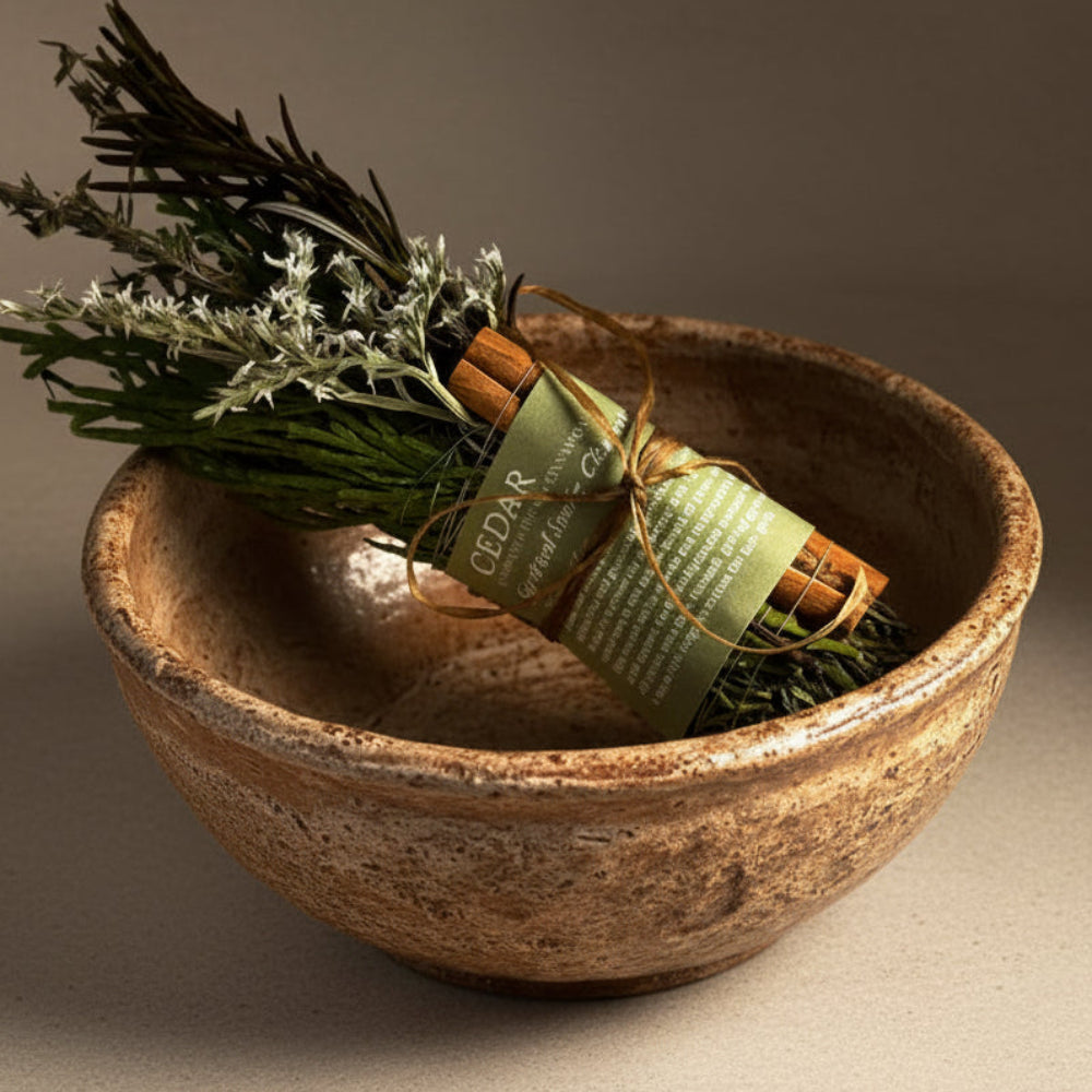 Handcrafted cedar smudge stick with rosemary, thyme, cinnamon