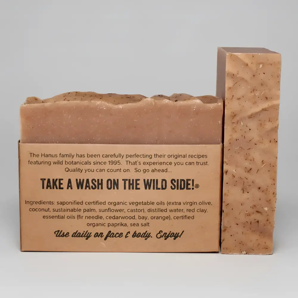 Tan speckled cedar wood exfoliating bar soap with red clay and fir needle for odor fighting and natural texture