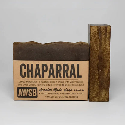 Dark brown textured chaparral shampoo and body bar soap by awsb with wild chaparral leaf for antifungal use