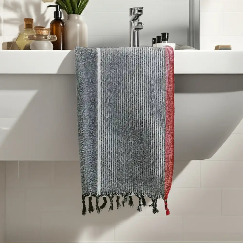 Charcoal and Ruby Striped Turkish Bath Towel with tassels made of Turkish cotton