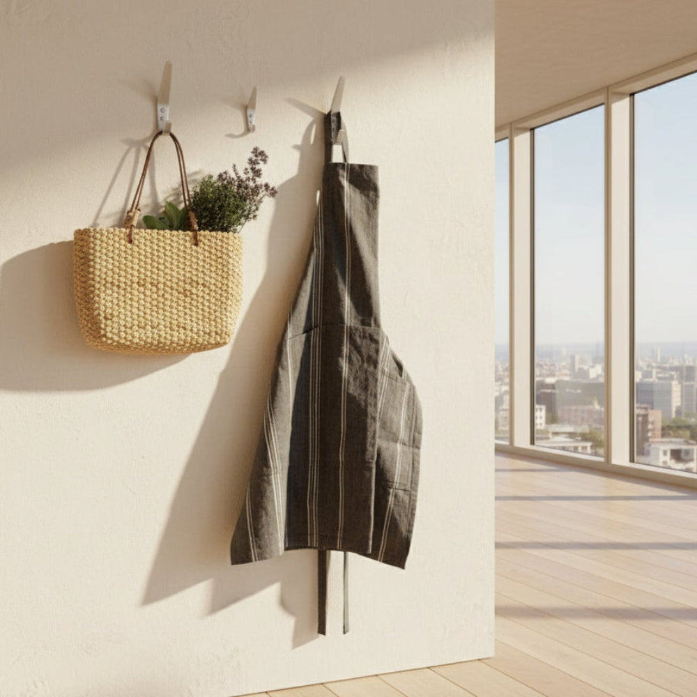 Charcoal gray linen cooking apron with white stripes