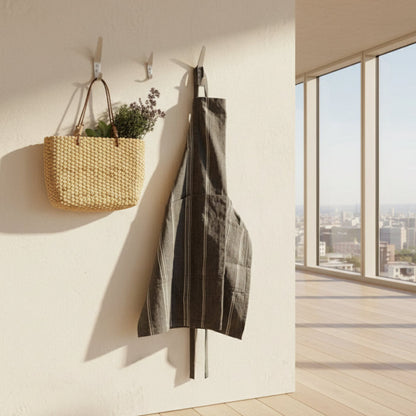 Charcoal gray linen cooking apron with white stripes
