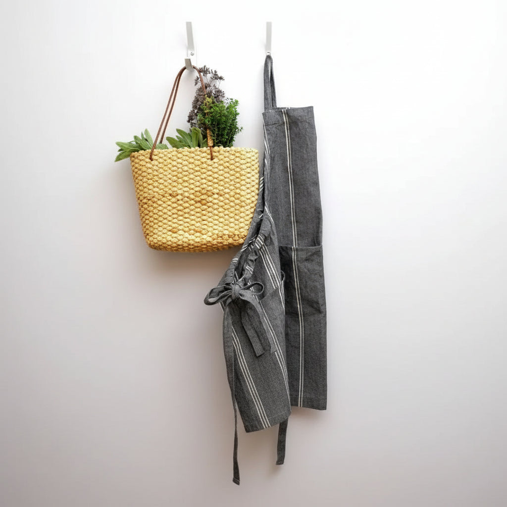 Handmade eco-friendly cooking apron in charcoal gray with white stripes