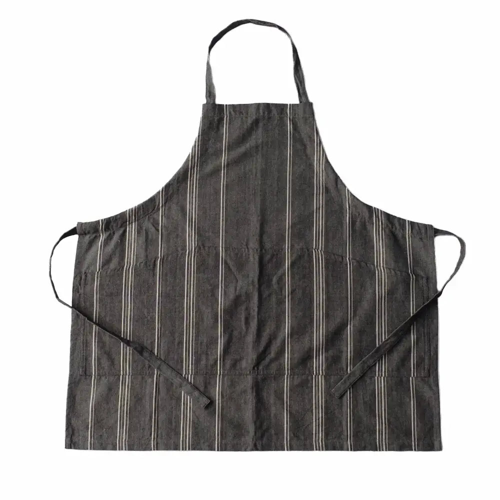 Charcoal gray handmade cooking apron with white stripes and adjustable straps