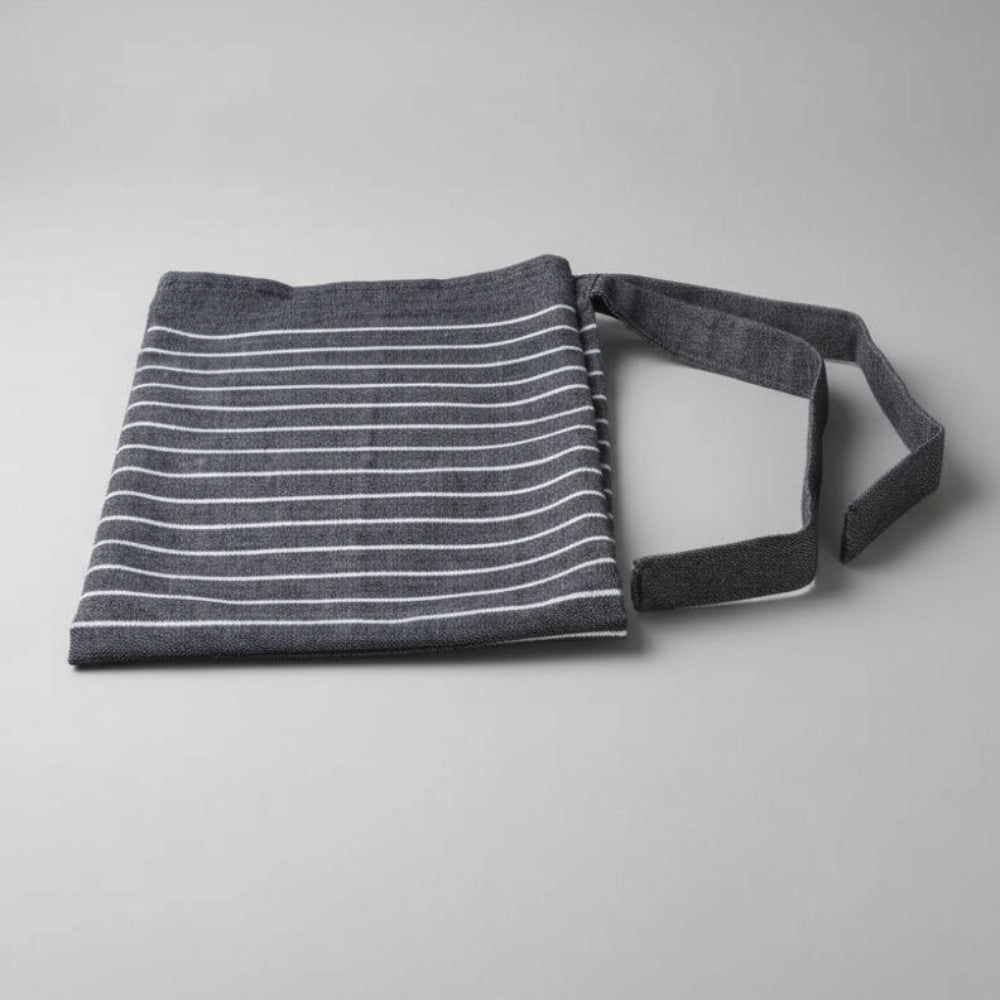 Charcoal gray striped tote bag with dark grey strap on organic cotton towel set