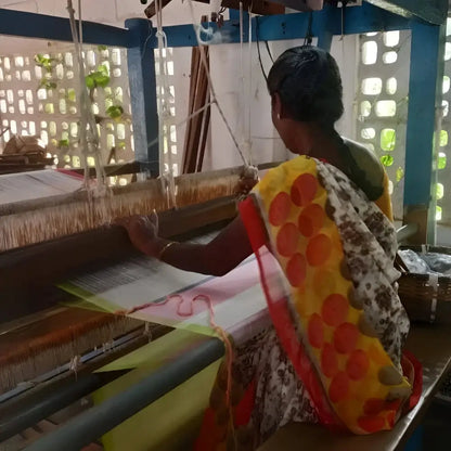 Yellow orange polka dot sari blouse on organic cotton tea towel apron