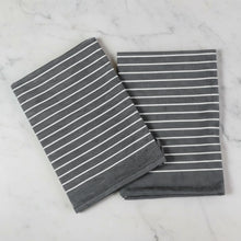 Charcoal gray organic cotton tea towel set with white stripes and wearable apron