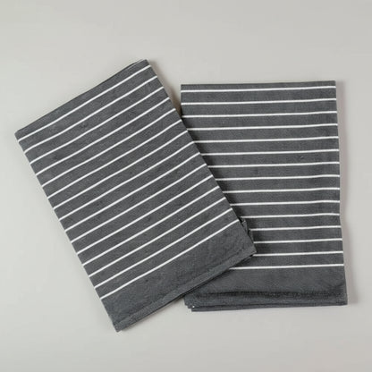 Charcoal gray organic cotton tea towel set with white stripes and wearable apron
