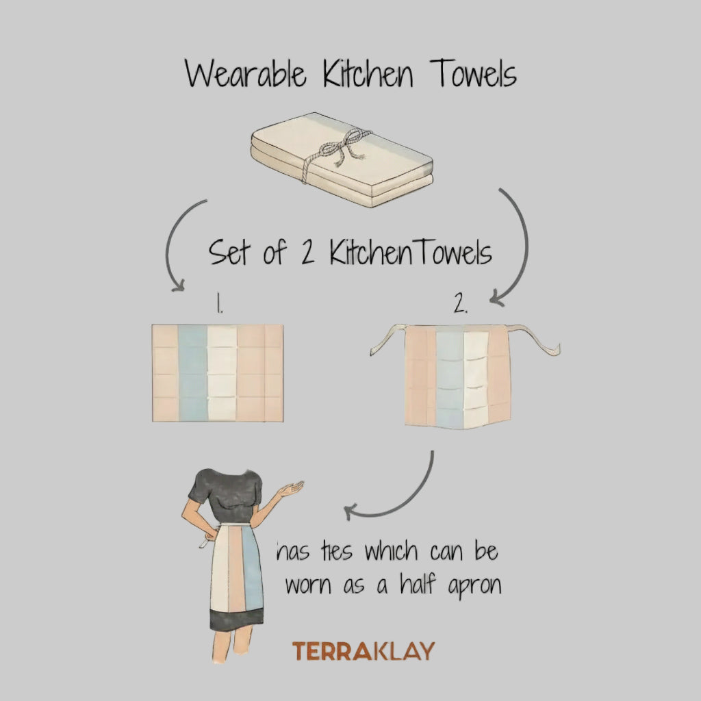 Terracotta organic cotton tea towel set with wearable apron by Terraklay