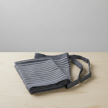 Charcoal gray striped woven tote bag with adjustable strap