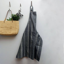 Charcoal gray linen cooking apron with white stripes
