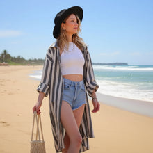 Woman in a black hat and striped linen cotton blend shirt dress cover up