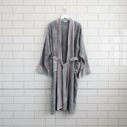 Gray and pink striped Charcoal Tribeca Long Bathrobe hanging on a white hook