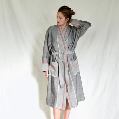 Gray and pink striped Charcoal Tribeca Long Bathrobe with pockets made of cotton