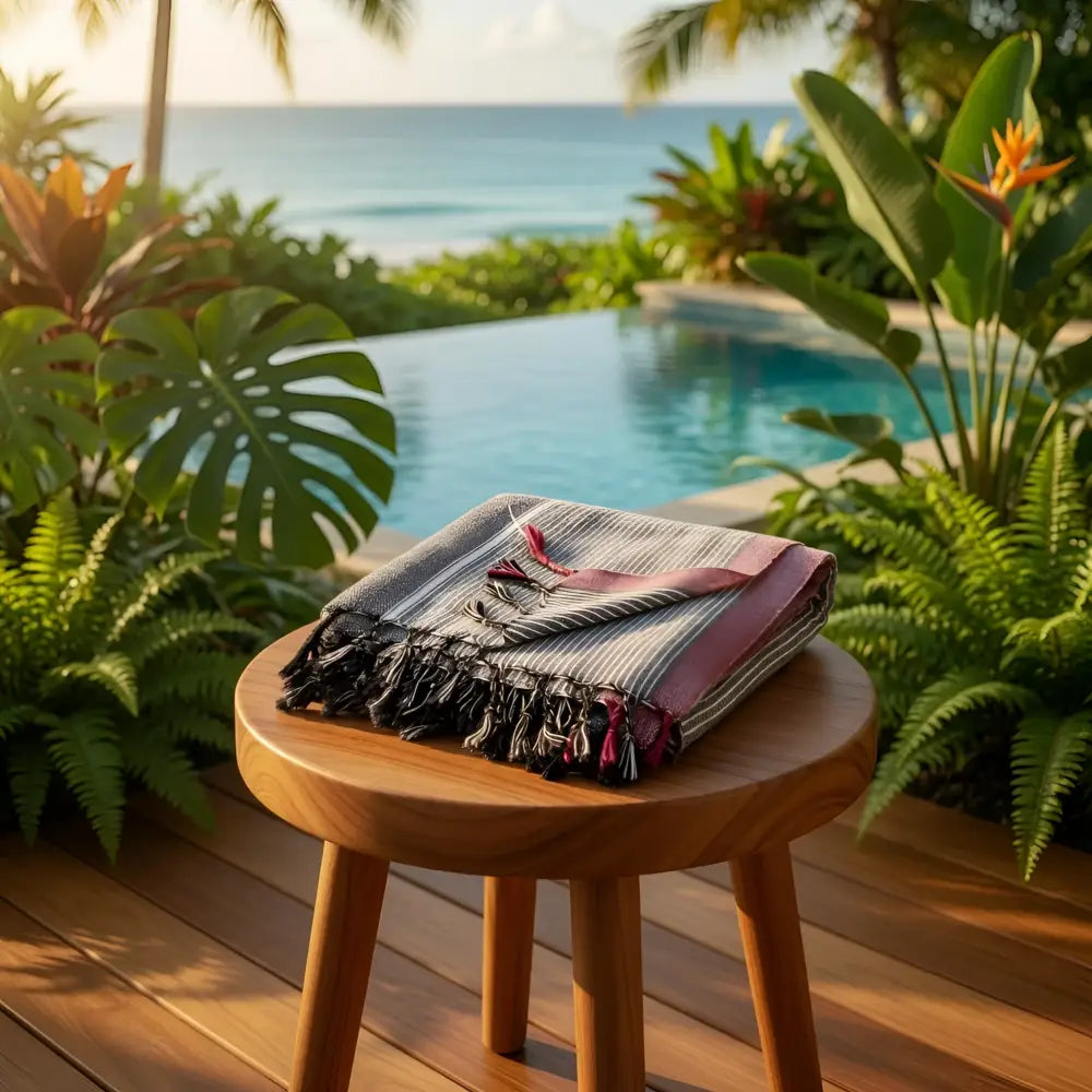 Folded ruby striped turkish cotton towel with charcoal white burgundy stripes and tassels on edges