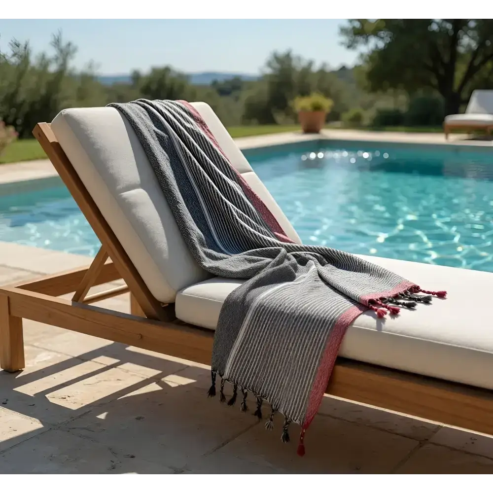 Charcoal white and ruby striped turkish cotton towel with red border and tassels draped on wooden lounge chair