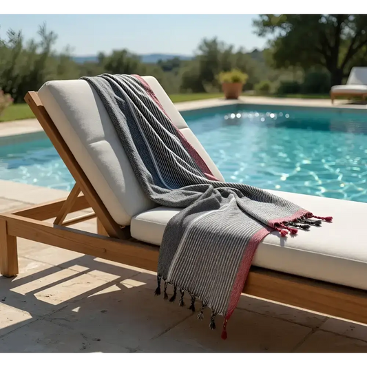 Charcoal white and ruby striped turkish cotton towel with red border and tassels draped on wooden lounge chair