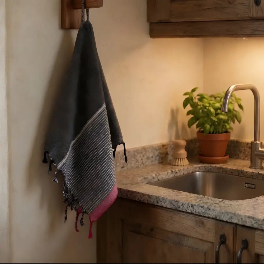 Dark gray woven turkish hand towel with ruby striped pattern and pink tassels hanging from wooden hook