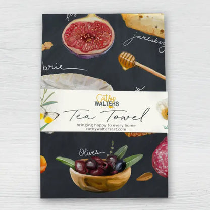 Charcuterie tea towel with watercolor figs, cheese, honey, olives, salami