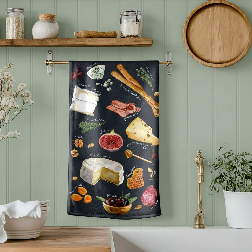 Charcuterie tea towel with handmade cheese and meat illustrations