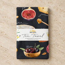 Black charcuterie tea towel with figs cheese honey and olives illustration and hanging loop perfect hostess gift