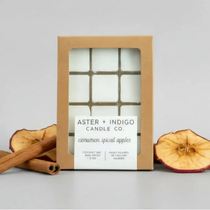 Aster + indigo candle co cinnamon spiced apples coconut-soy wax melts in warm brown tones for cozy fragrance
