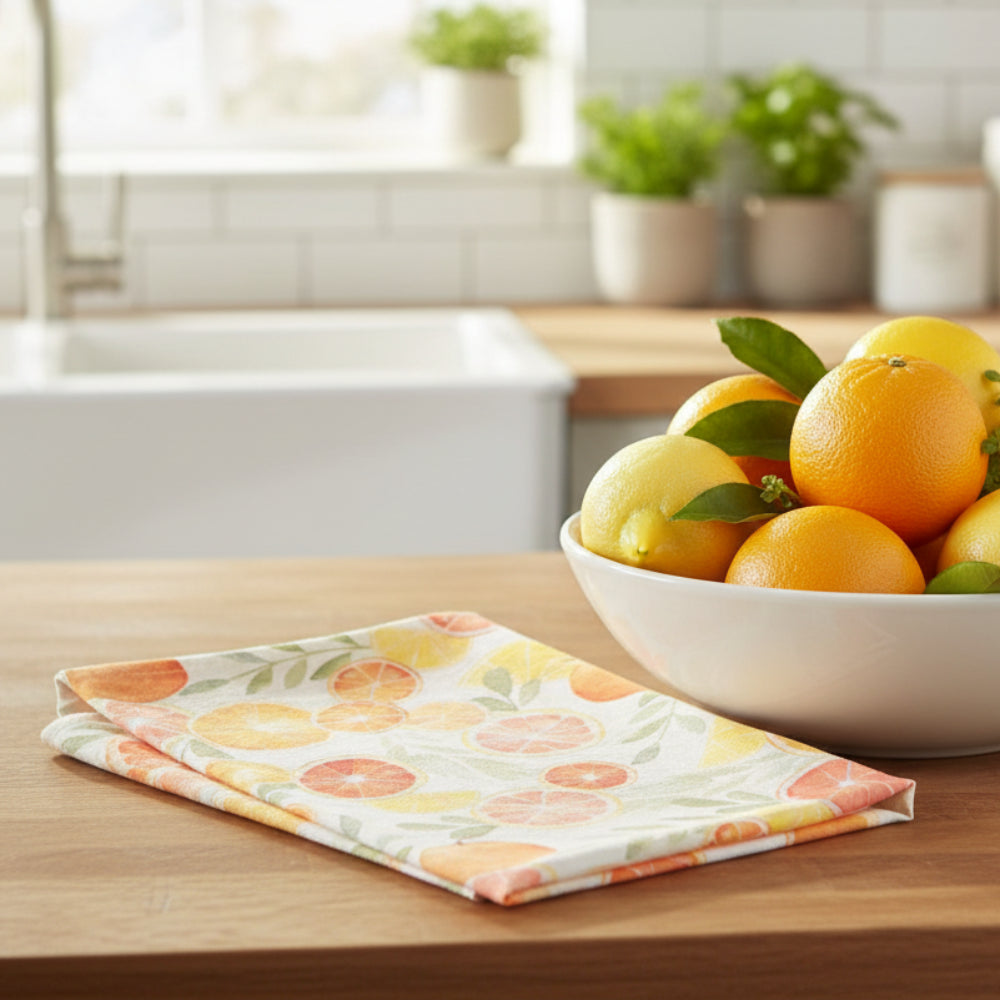 A handmade off-white cotton tea towel with vibrant citrus slice print, perfect for any citrus lover kitchen decor