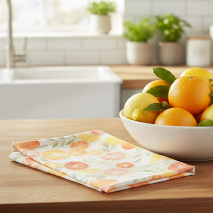 A handmade off-white cotton tea towel with vibrant citrus slice print, perfect for any citrus lover kitchen decor
