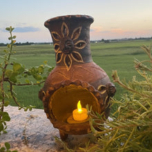 Hand-painted terracotta sun lantern candle holder in three garden colors