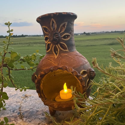 Hand-painted terracotta sun lantern candle holder in three garden colors