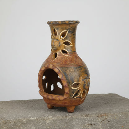 Hand-painted terracotta clay chimney candle holder with gold floral accents