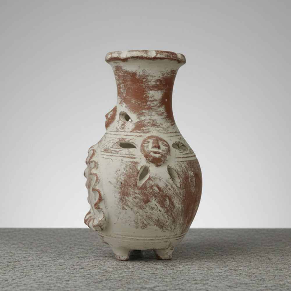 Hand-painted terracotta face vase in white glaze, rustic garden style