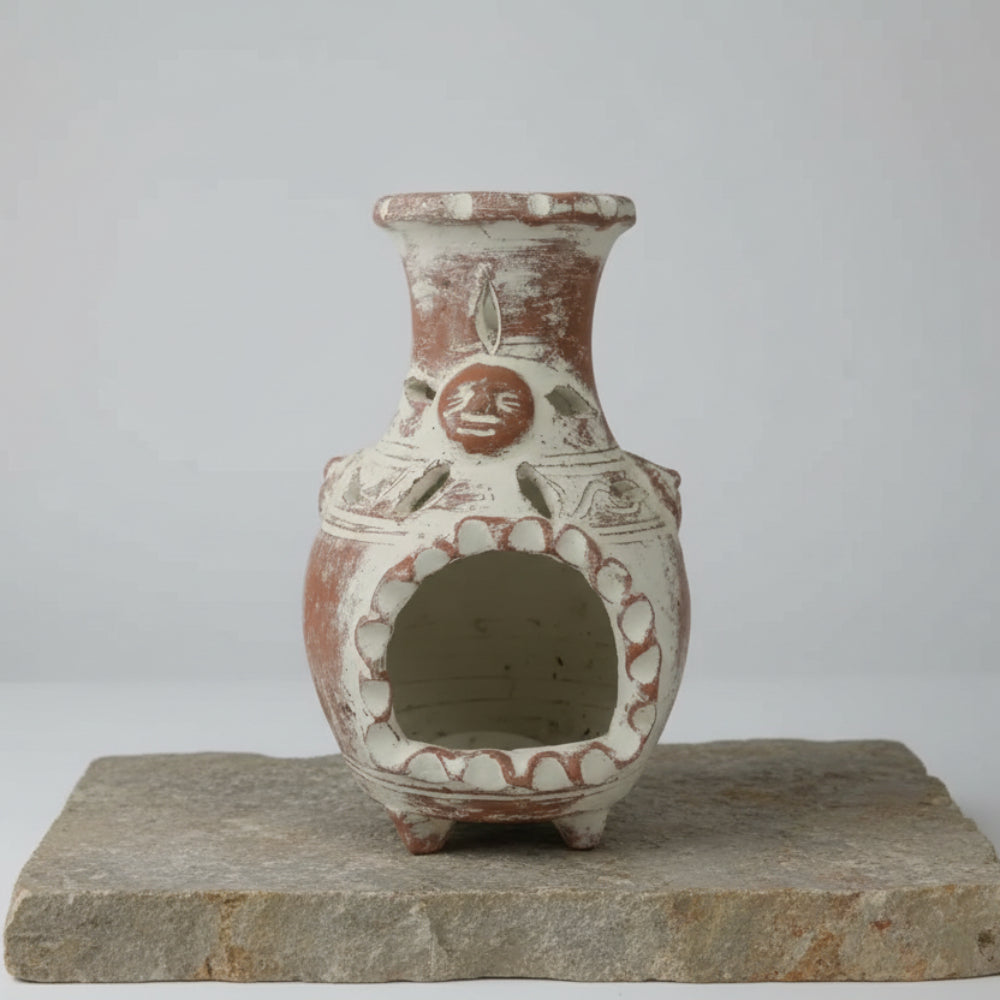 Hand-painted terracotta clay chimney candle holder with red and white three-legged vase design for garden