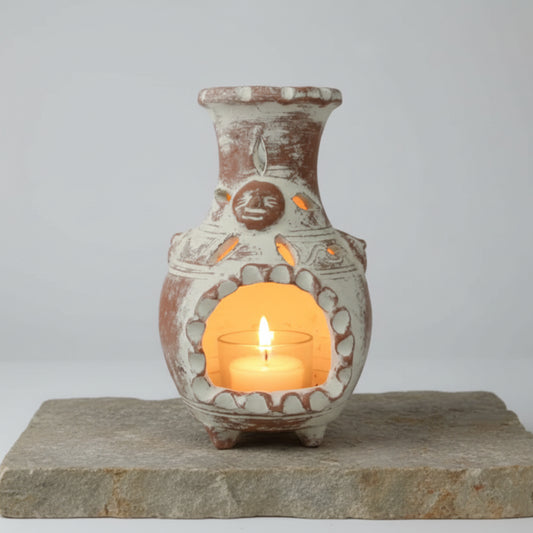 Hand-painted terracotta clay chimney candle holder with red and white three-legged vase design for garden