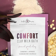 A white pouch of take haven comfort clay milk bath with french pink clay chamomile lavender geranium and calendula