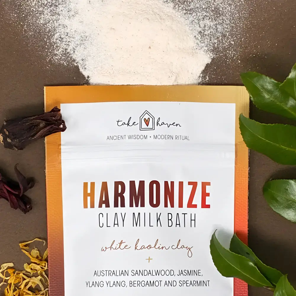 Take haven harmonize clay milk bath in white and orange pouch with australian sandalwood ylang ylang and kaolin clay