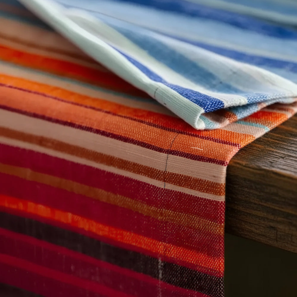 A handmade climate warming table runner in vibrant striped linen with reds, oranges, blues, and whites