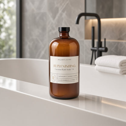 A sleek amber glass bottle of baudelaire replenishing coconut bath soak 40oz to improve skin texture on a white countertop