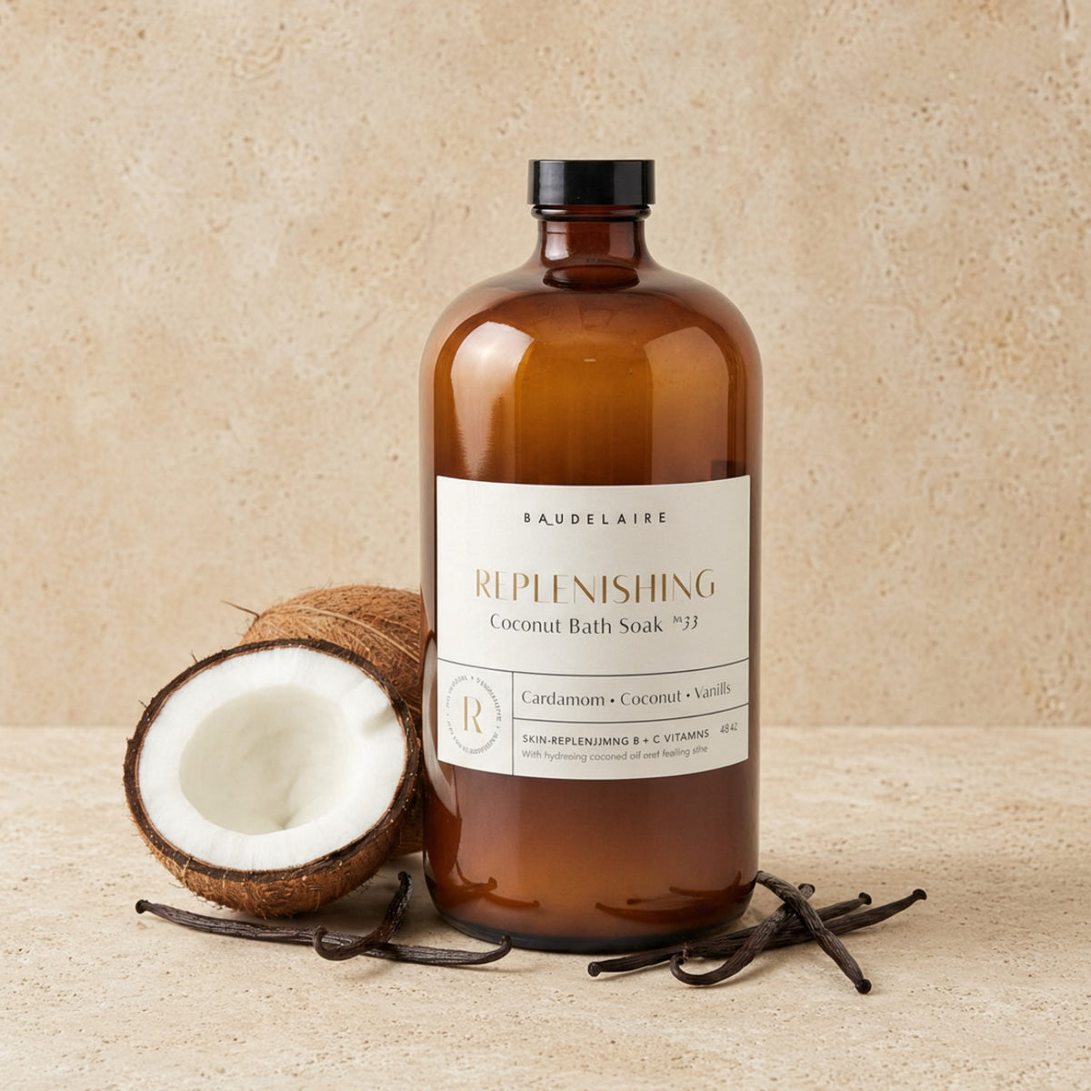 An amber glass bottle of baudelaire replenishing 40oz coconut bath soak with black cap beside coconut and vanilla beans for skin texture