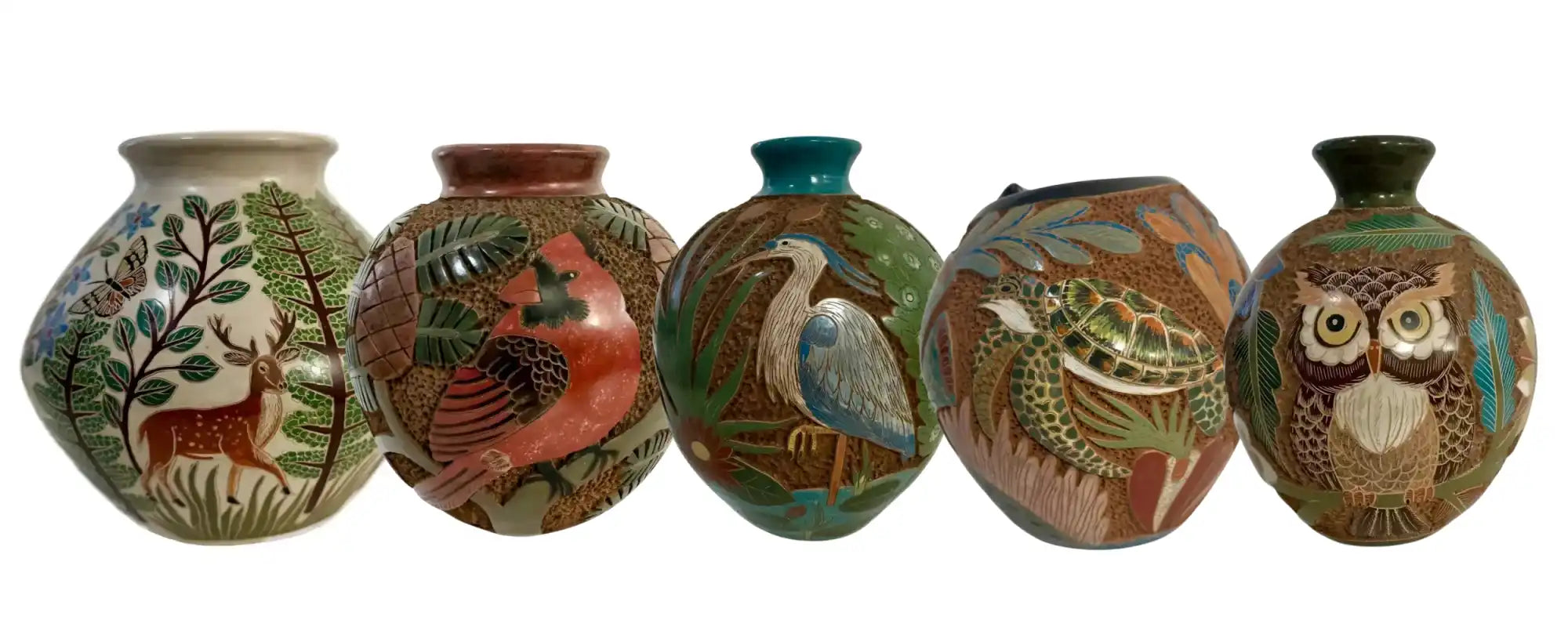 A collection of five decorative ceramic vases, each featuring a different animal and nature-themed design.