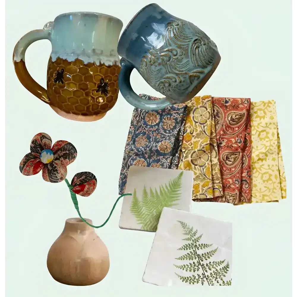 Collage of ceramic mugs, a vase with a flower, and decorative towels on a light background
